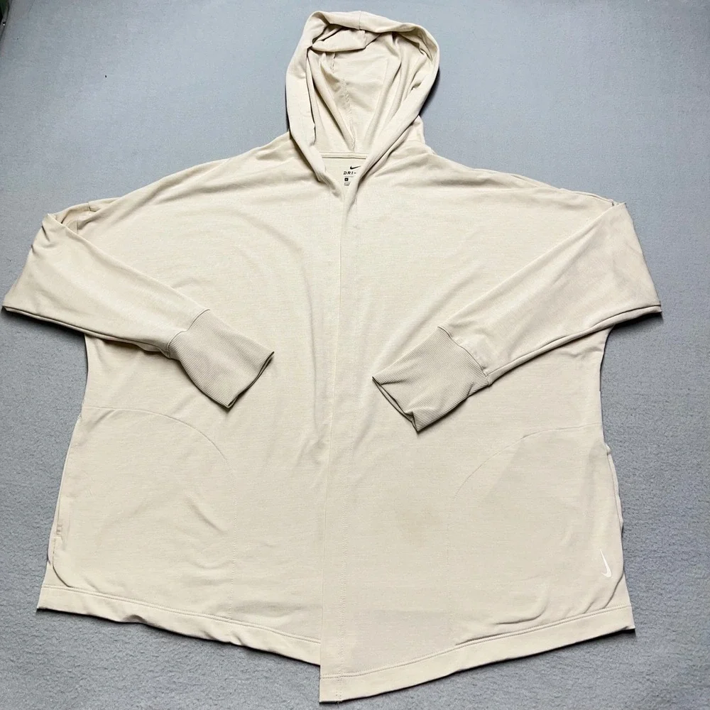 Nike Dri Fit Open Front Hoodie Beige Lightweight Athleisure Top Women XL Comfort
